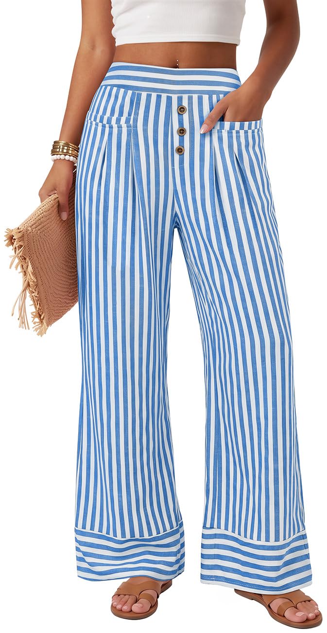 TARSE Womens Striped Palazzo Pants Wide Leg High Waisted Trousers Pockets