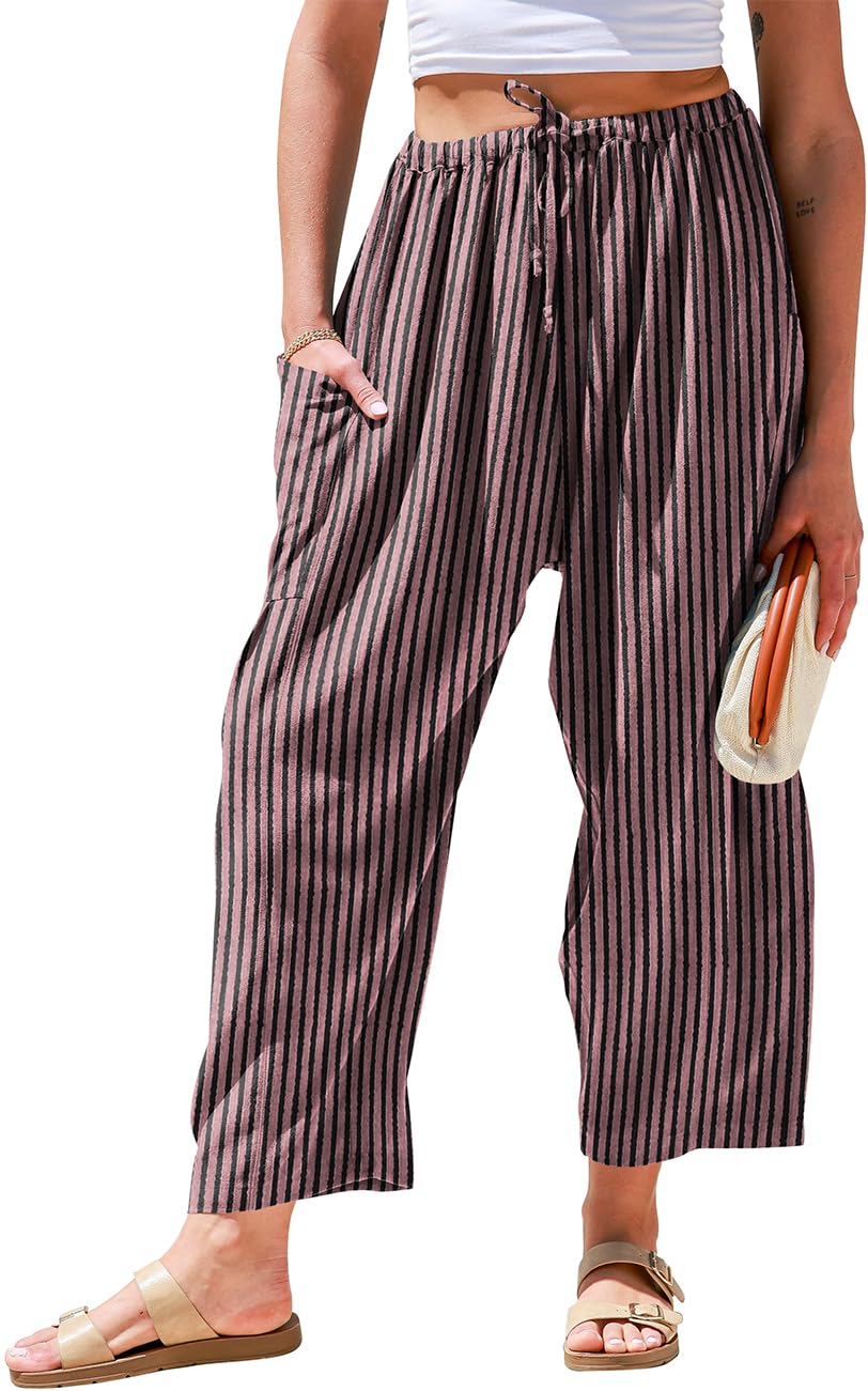 TARSE Womens Wide Leg Striped Linen Pants with Pocket