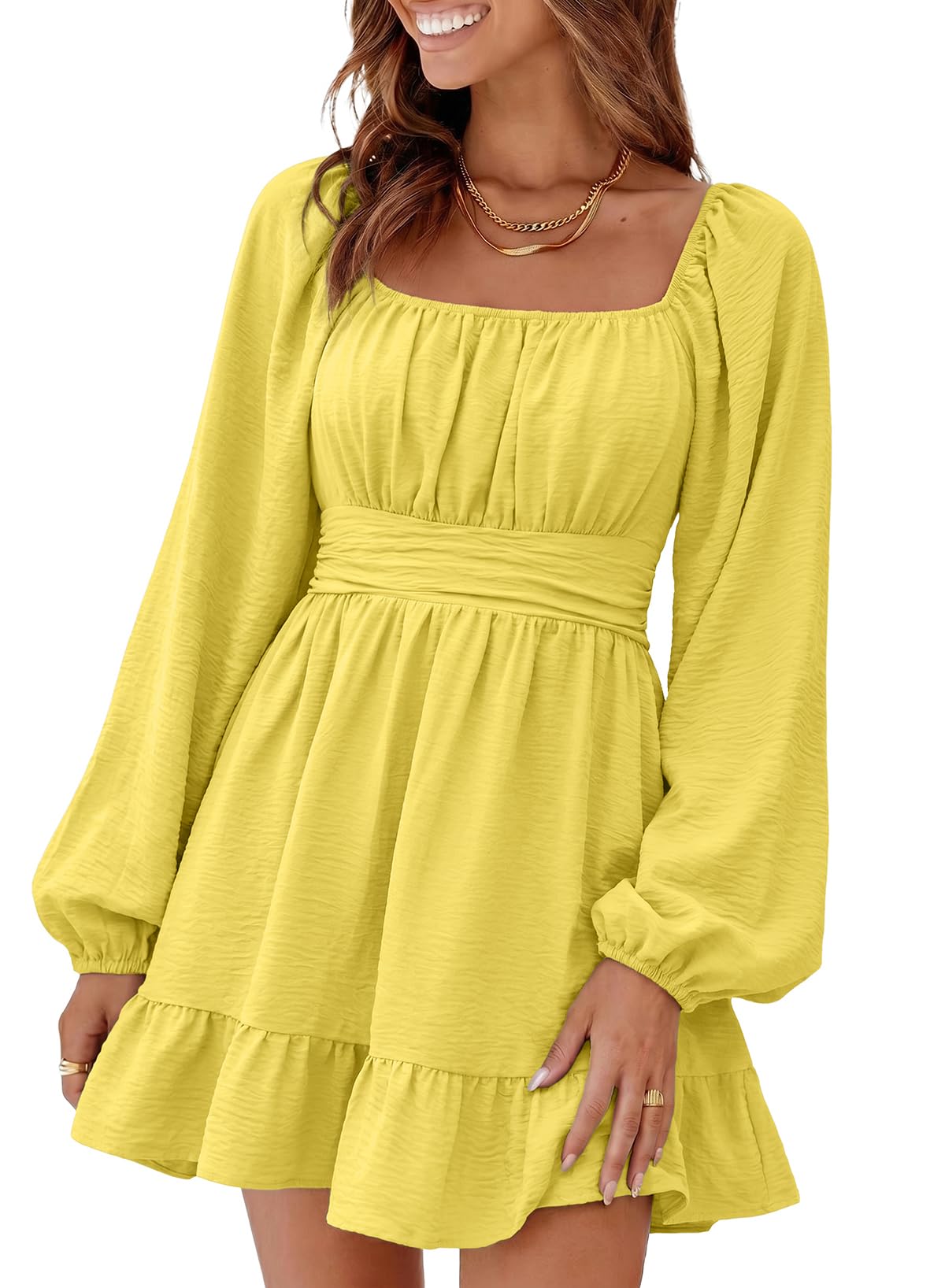 Dokotoo Womens Dress Lantern Sleeve Elastic Waist Tie Backless Mini Dress