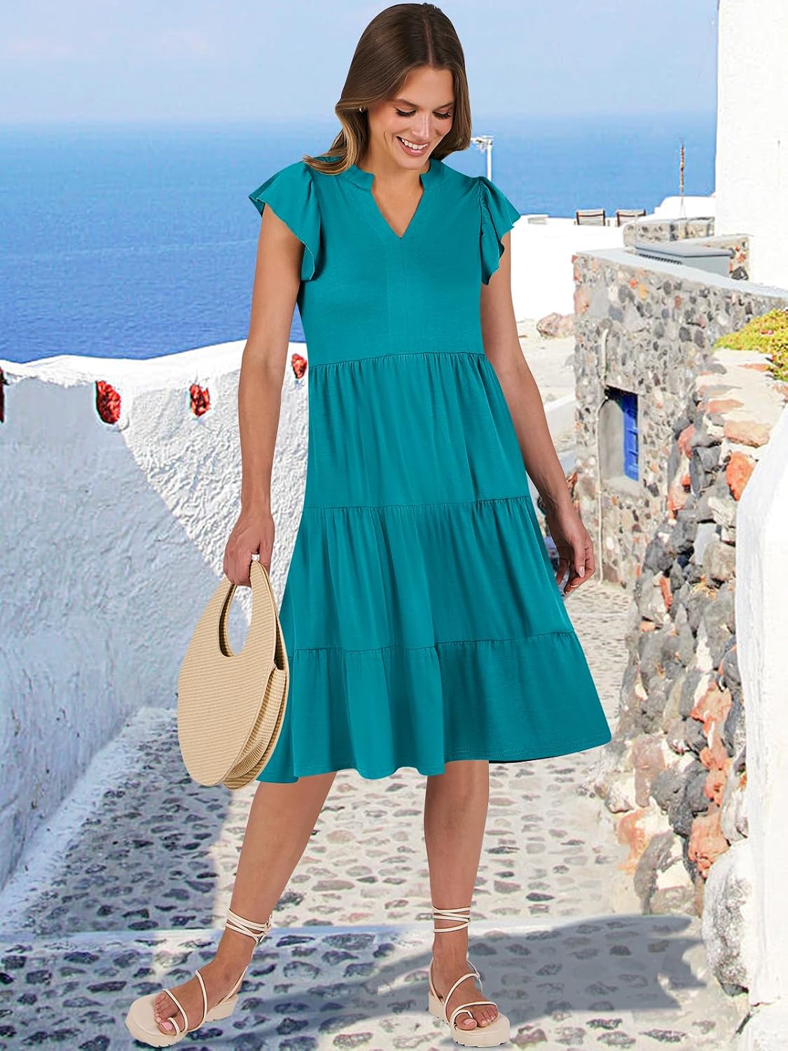 ANRABESS Womens Summer Dress Ruffle Sleeve V Neck Midi Dresses