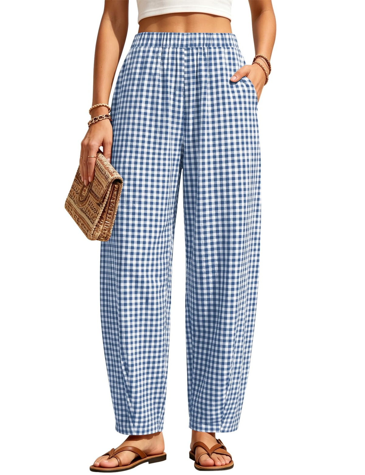 LOMON Womens Barrel Harem Travel Pants Baggy Casual Gingham Striped Bottoms