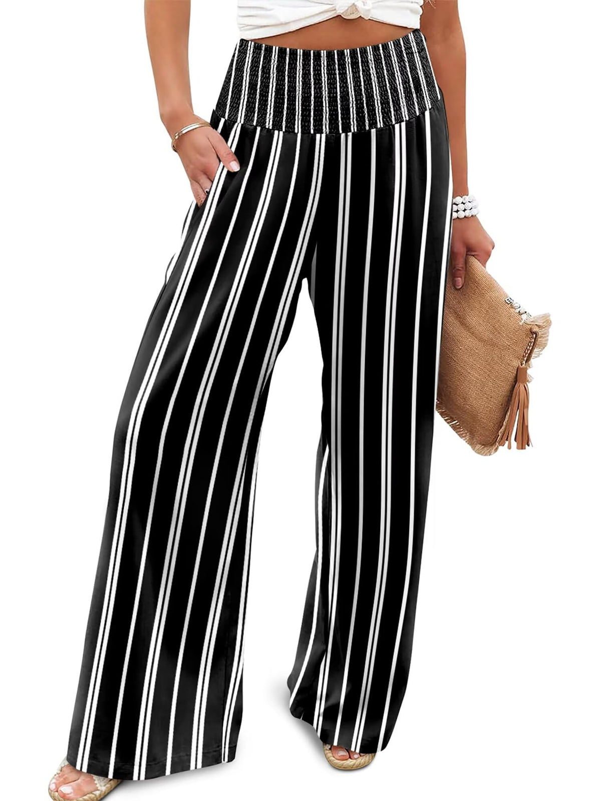 JZC Womens Wide Leg Pants Elastic High Waisted Palazzo Pants Summer Flowy Casual Trousers Beach Travel Vacation Outfits
