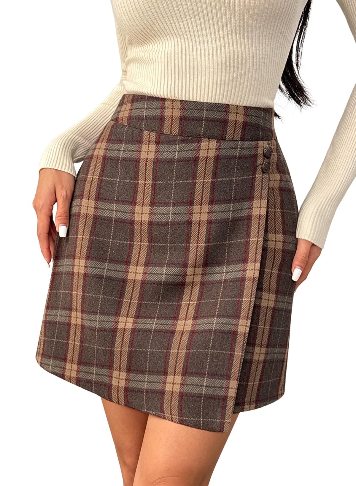 Pink Queen Plaid Skirts for Women with Pockets Button Decor Wrap Hem