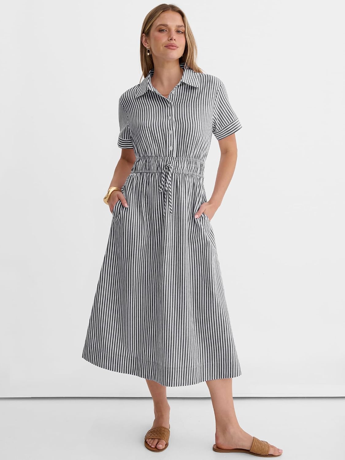 ANRABESS Women Summer Short Sleeve Midi Dress, Striped & Gingham, Casual A-Line Button Collar Shirt Dress, Beach & Vacation
