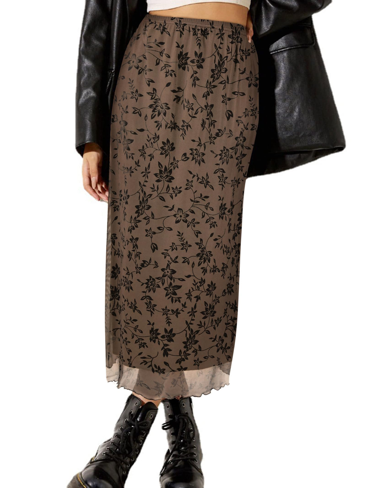Avanova Women Mesh Floral Boho Midi Skirt High Waist Long Skirt