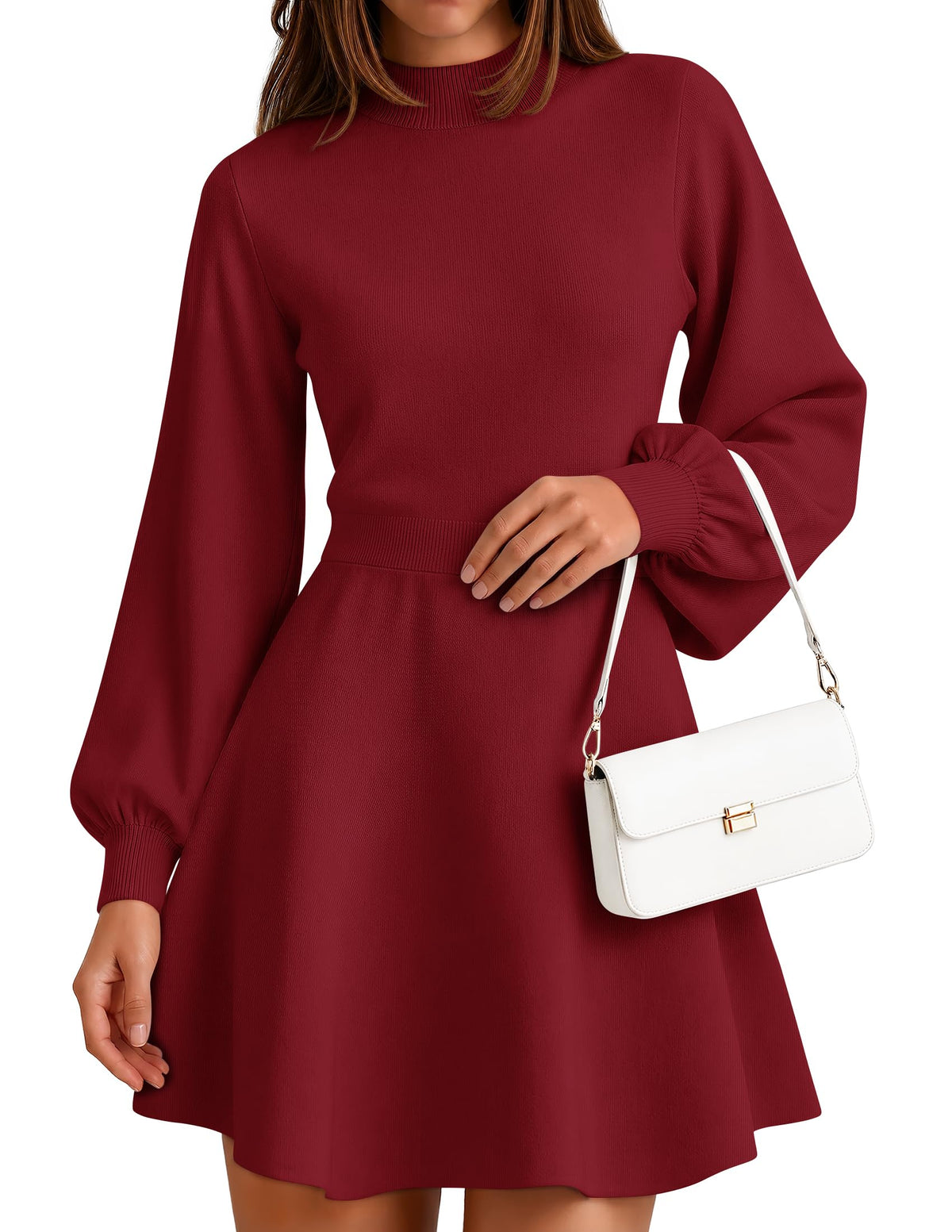 ZESICA Womens Fall Mock Neck Long Lantern Sleeve Sweater Mini Dress