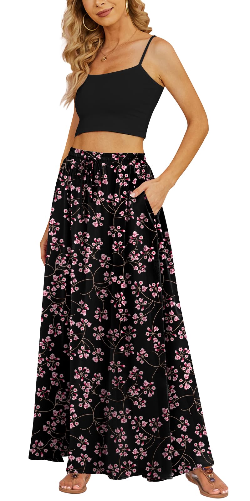 Yincro Women's Maxi Skirt Flowy High Waist Casual Long Skirts with Pockets