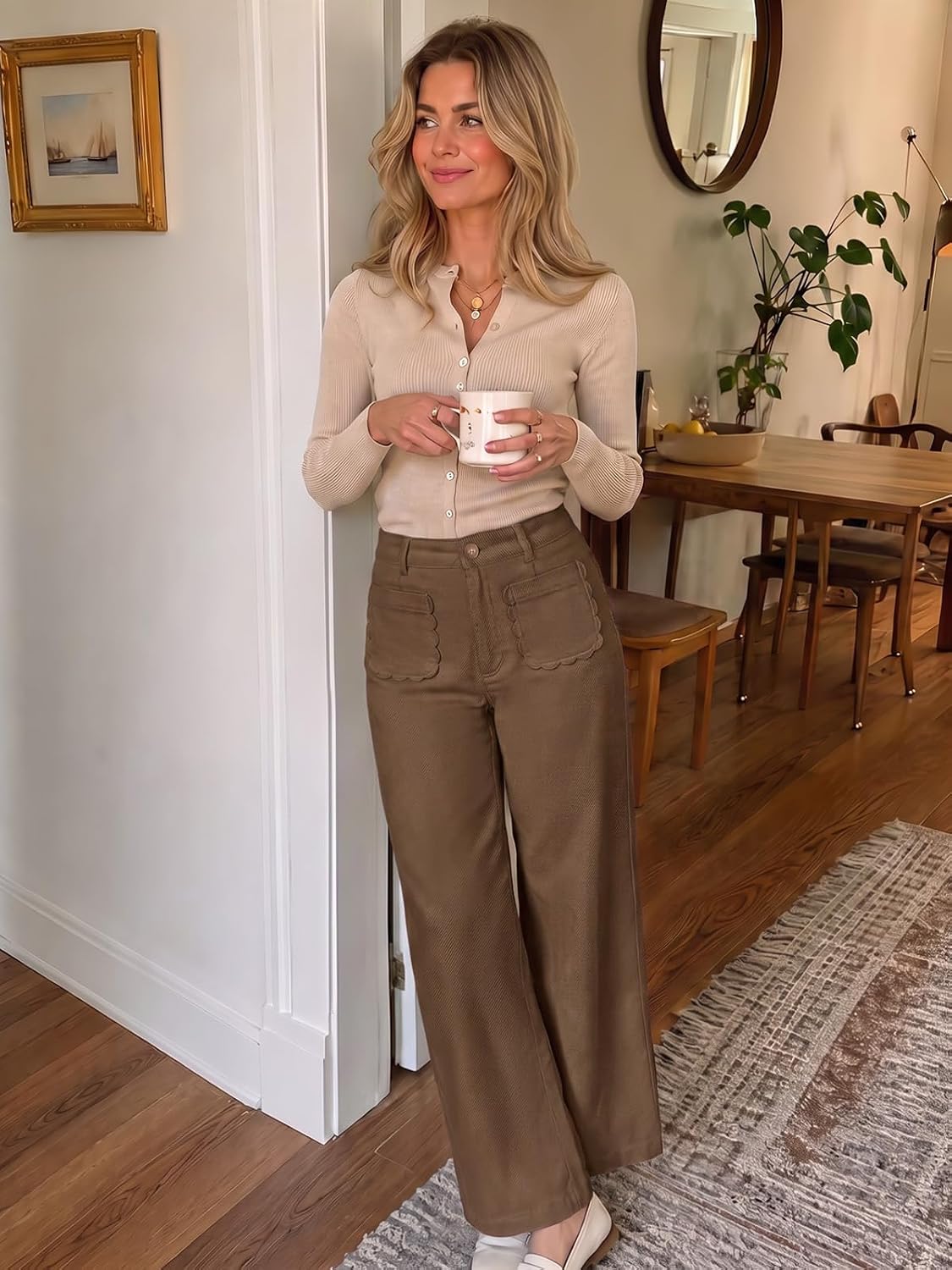 Tankaneo Womens Wide Leg Cotton Pants High Waisted Dressy Casual Trousers