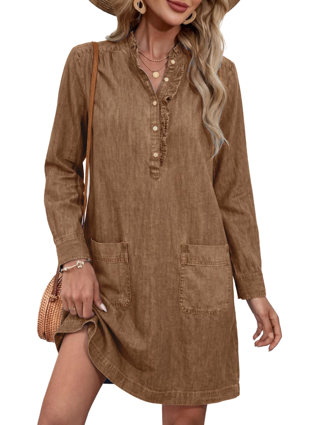 Sidefeel Women's Denim Dresses 2026 Loose Long Sleeve Ruffled Edge Neck Jean Sundresses with Pockets