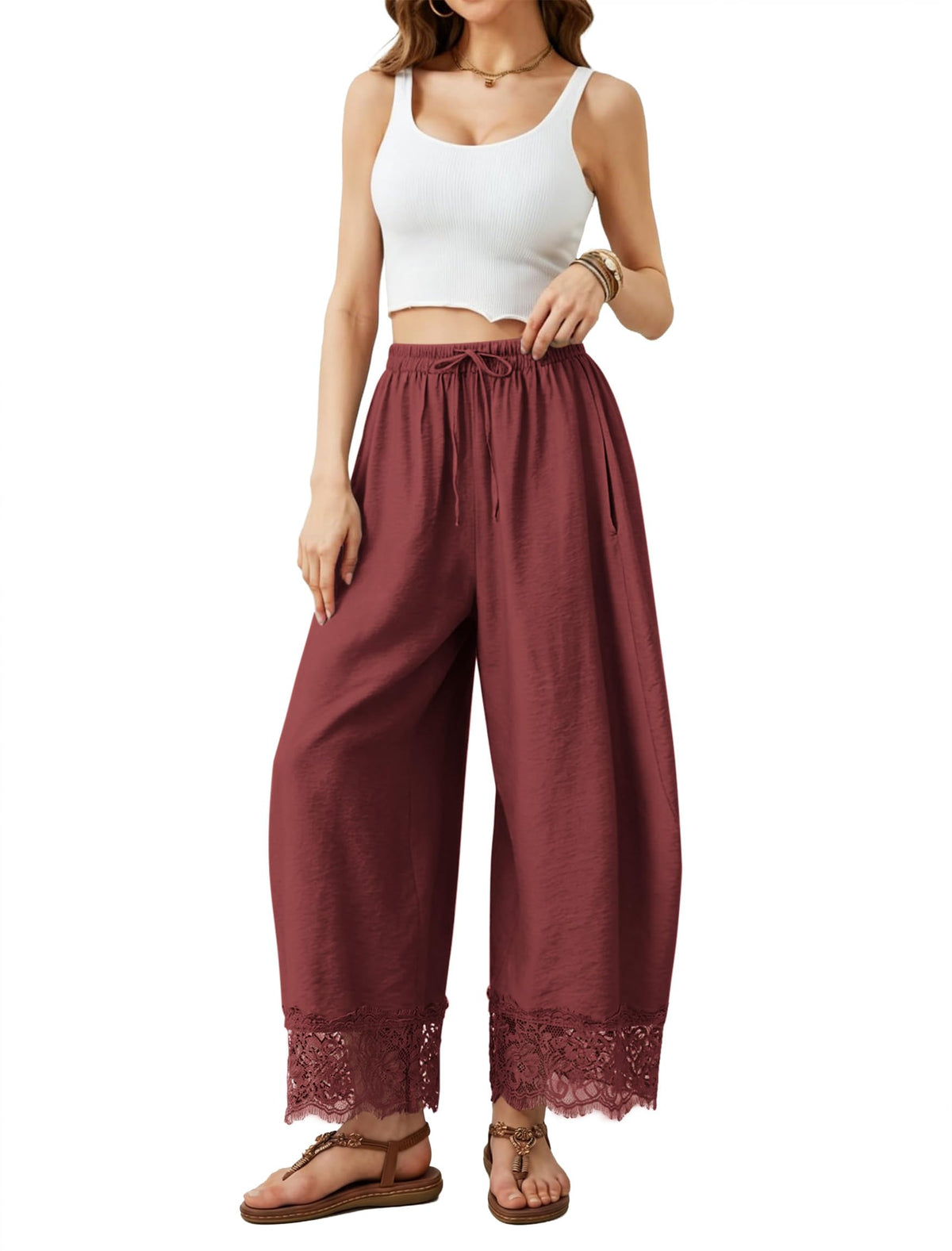 IWH Cropped Lace Trim Pants Women Wide Leg Barrel Silk Bottom Petite Length