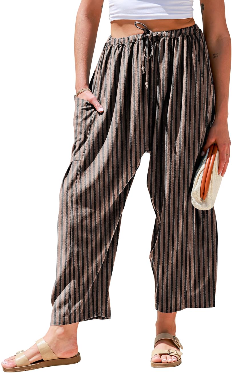 TARSE Womens Wide Leg Striped Linen Pants with Pocket
