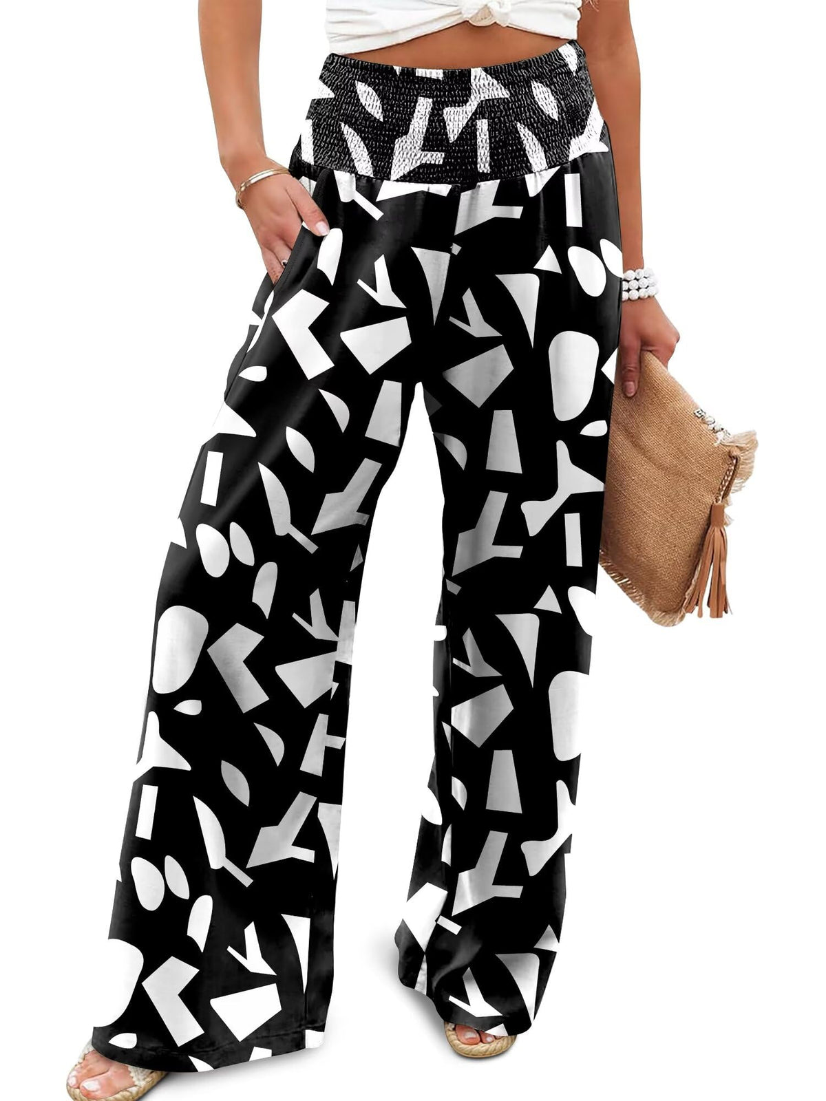 JZC Womens Wide Leg Pants Elastic High Waisted Palazzo Pants Summer Flowy Casual Trousers Beach Travel Vacation Outfits