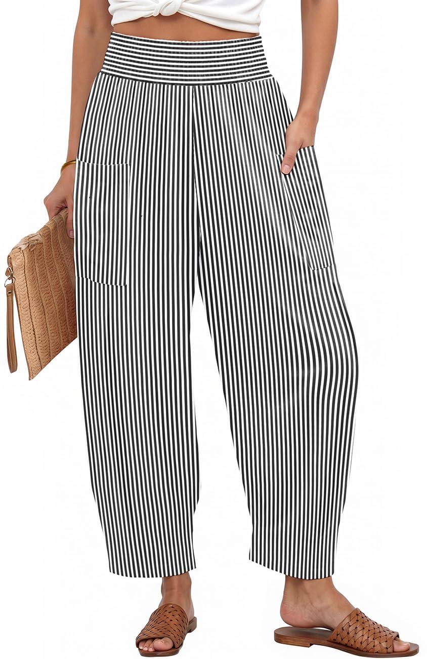 TARSE Women's Linen Gingham Pants Baggy High Waist Palazzo Pants