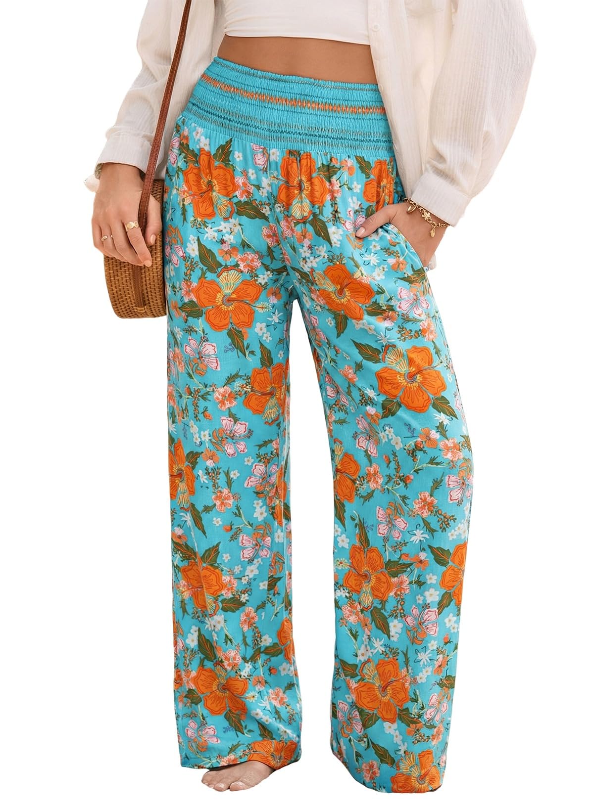 Dokotoo Women's Summer Boho Floral Bagyy Pants Wide Leg High Smocked Waist Casual Loose Palazzo Pants with Pocket
