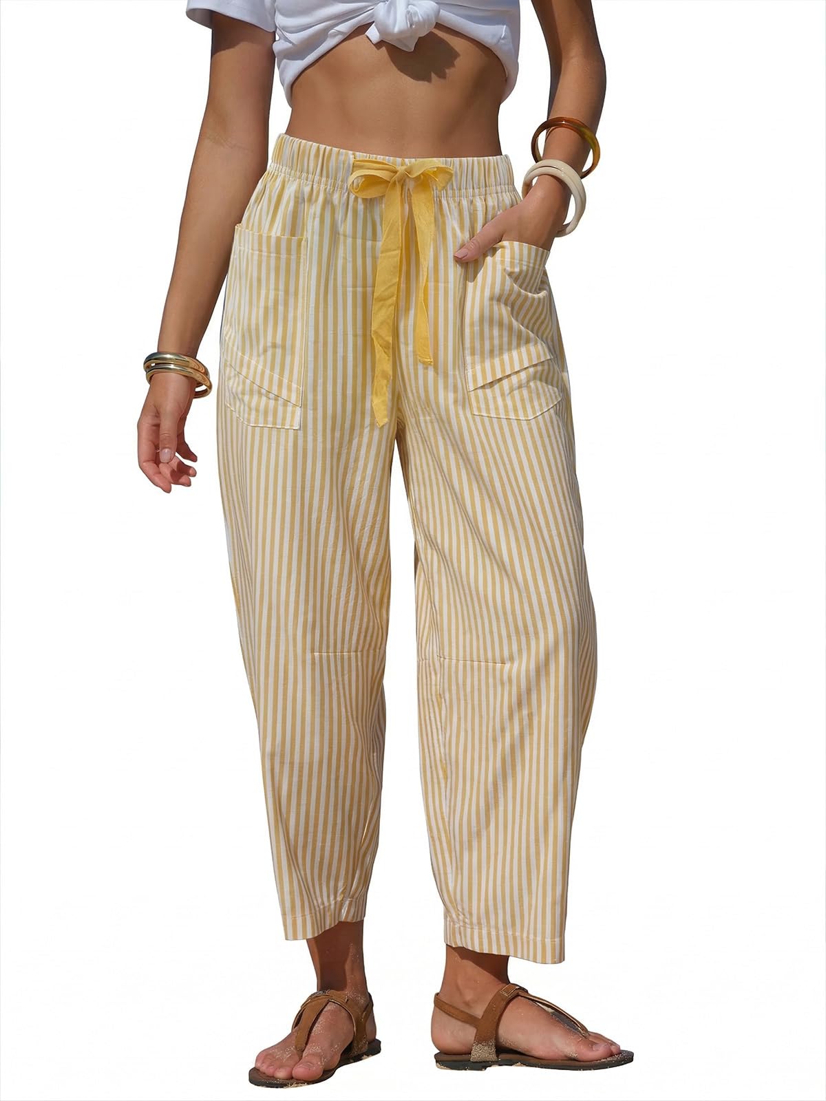 EXLURA Womens Faux Linen Striped Barrel Capri Pants Drawstring Trousers