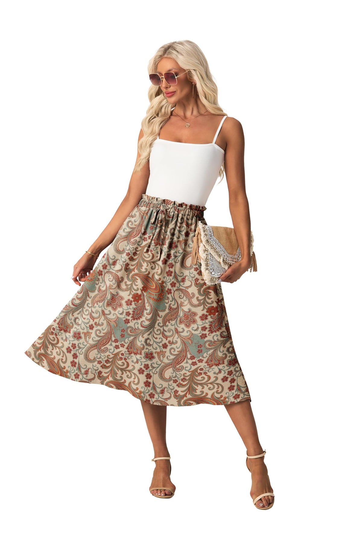 FREEOAK High Waist Skirts for Women Below Knee Casual Flowy Summer Midi Skirts Palazzo A-Line Long Skirt with Pockets