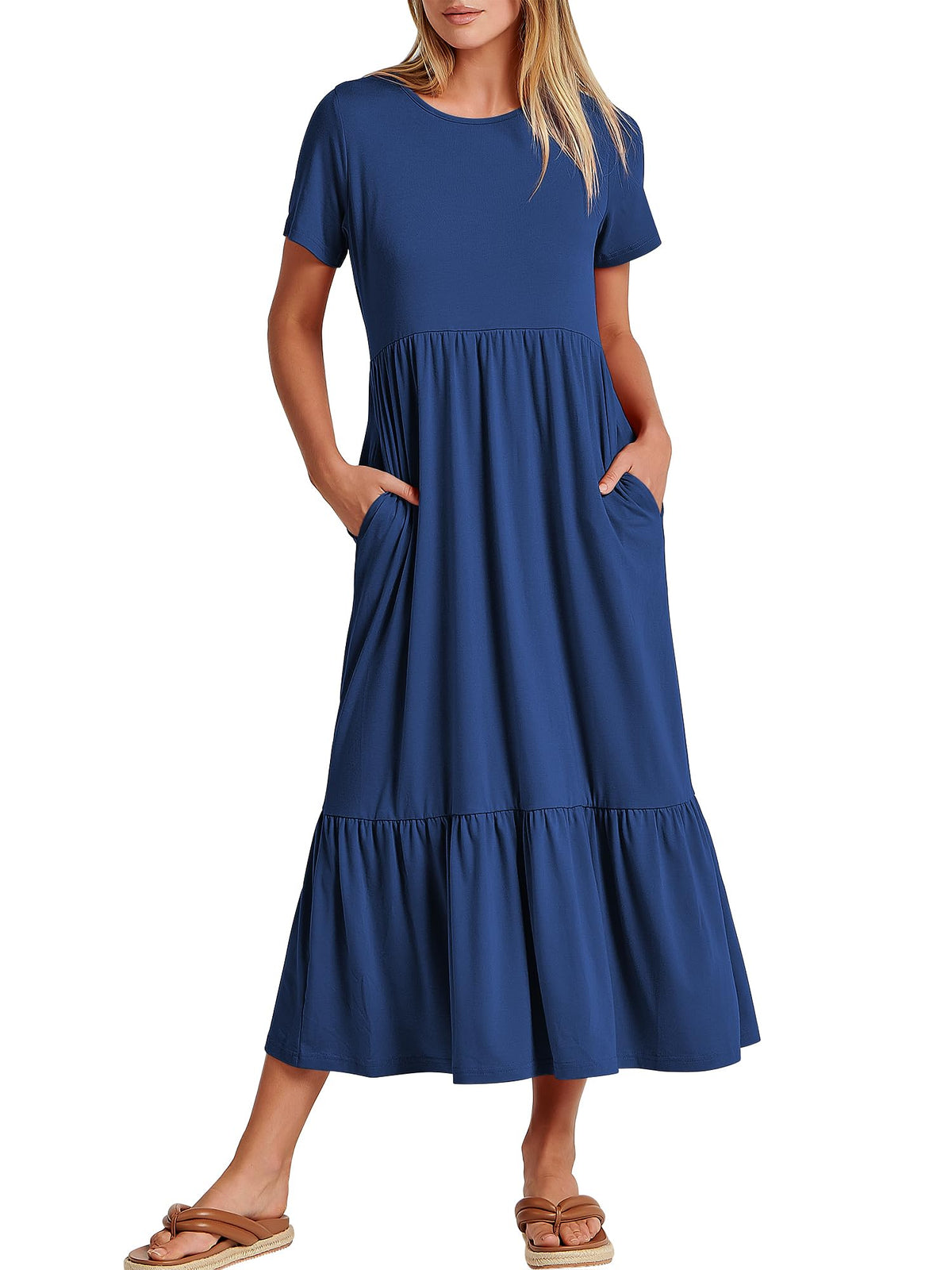 ANRABESS Womens 2026 Summer Casual Maxi Dress A line Tiered Flowy Short Sleeve Crewneck T Shirt Beach Travel Long Dresses