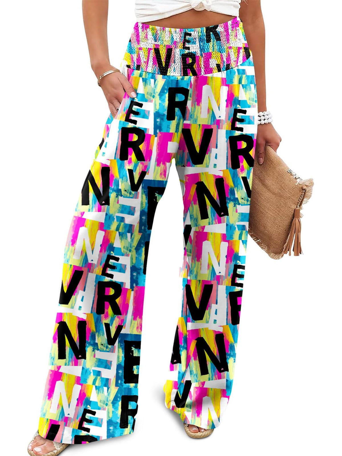JZC Womens Wide Leg Pants Elastic High Waisted Palazzo Pants Summer Flowy Casual Trousers Beach Travel Vacation Outfits