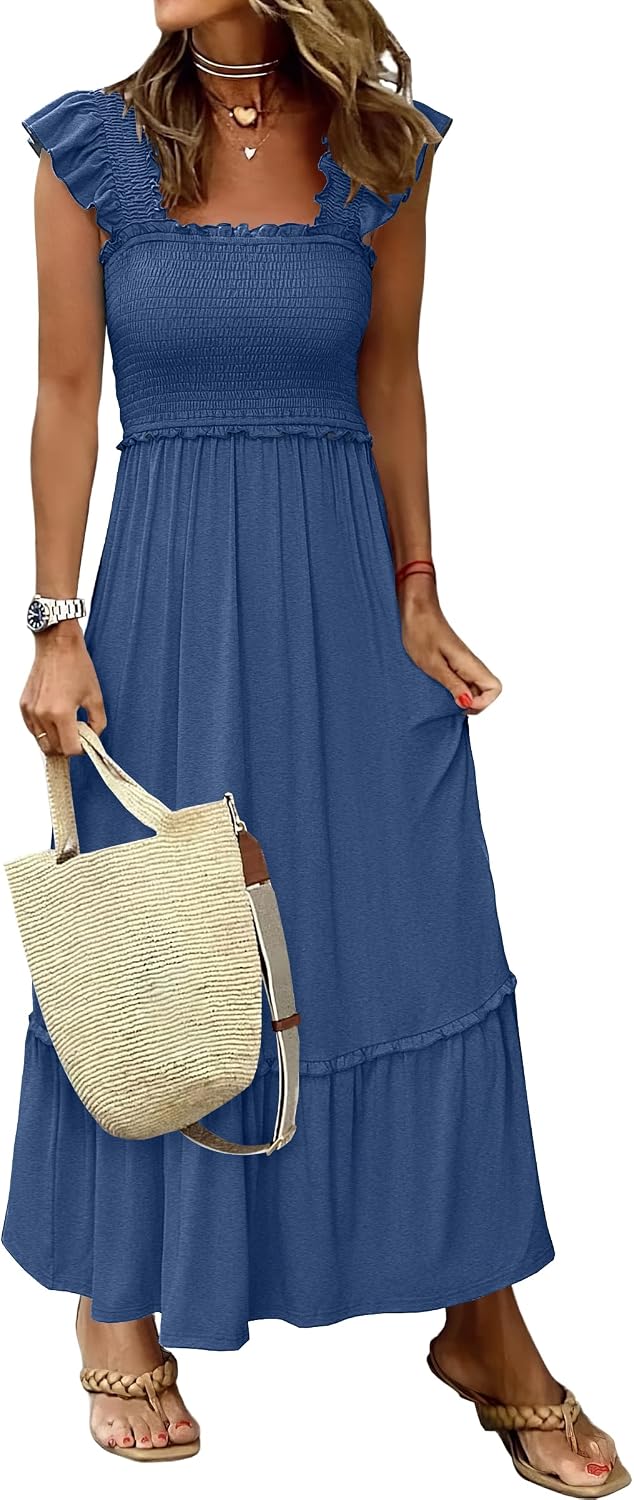 ANRABESS Womens Summer Sleeveless Maxi Dress Square Neck Smocked Boho Casual Ruffle Strap Flowy A-Line Long Beach Sundress