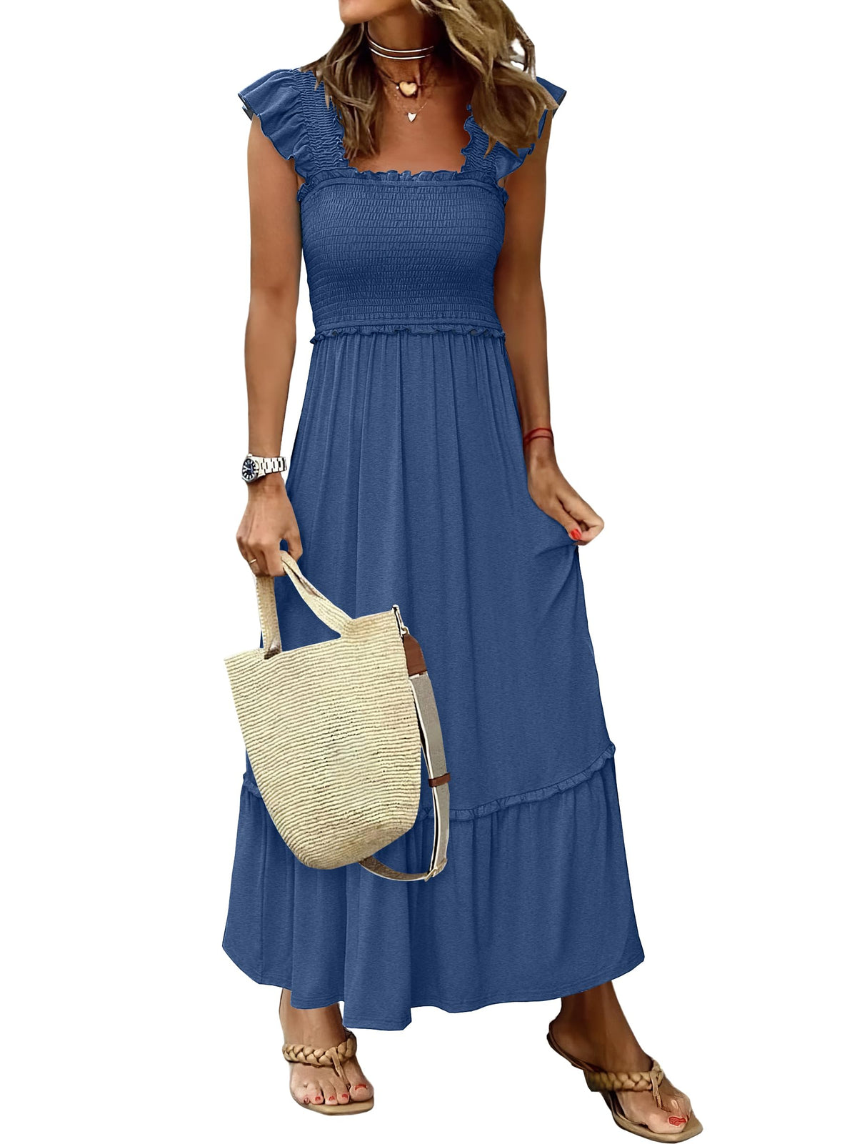 ANRABESS Womens Summer Sleeveless Maxi Dress Square Neck Smocked Boho Casual Ruffle Strap Flowy A-Line Long Beach Sundress