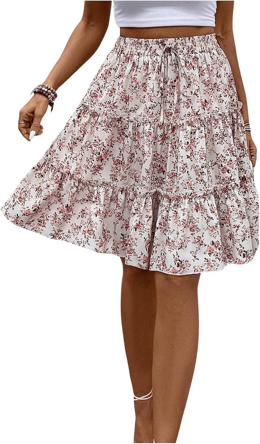 WDIRARA Women's Floral Boho Ruffle Knee Length Summer Skirt
