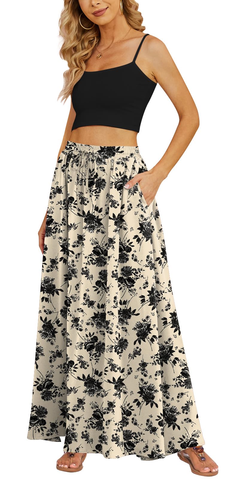 Yincro Women's Maxi Skirt Flowy High Waist Casual Long Skirts with Pockets