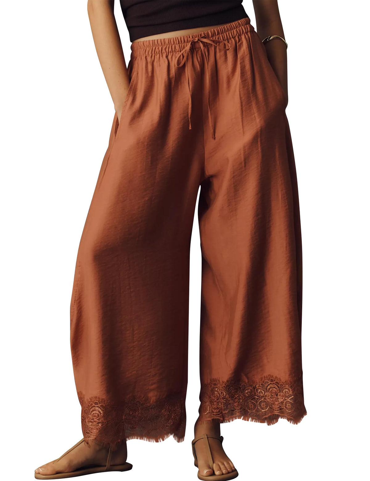 Anoumcy Lace Trim Wide Leg Pants for Women 2026 Spring Summer Cropped Lightweight Casual Pants