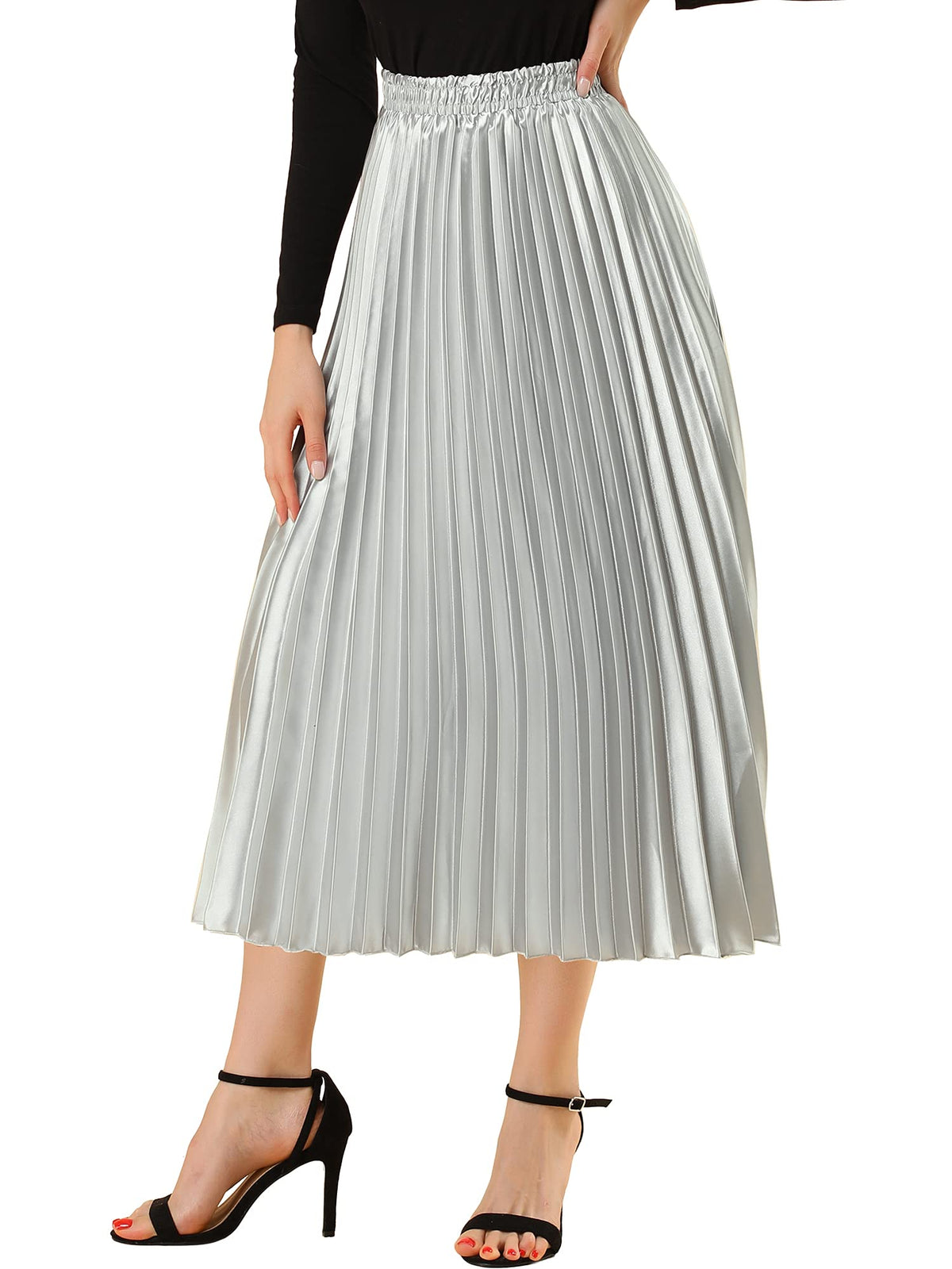 Allegra K Women Pleated Midi Skirt High Waisted Metallic Party Skirts