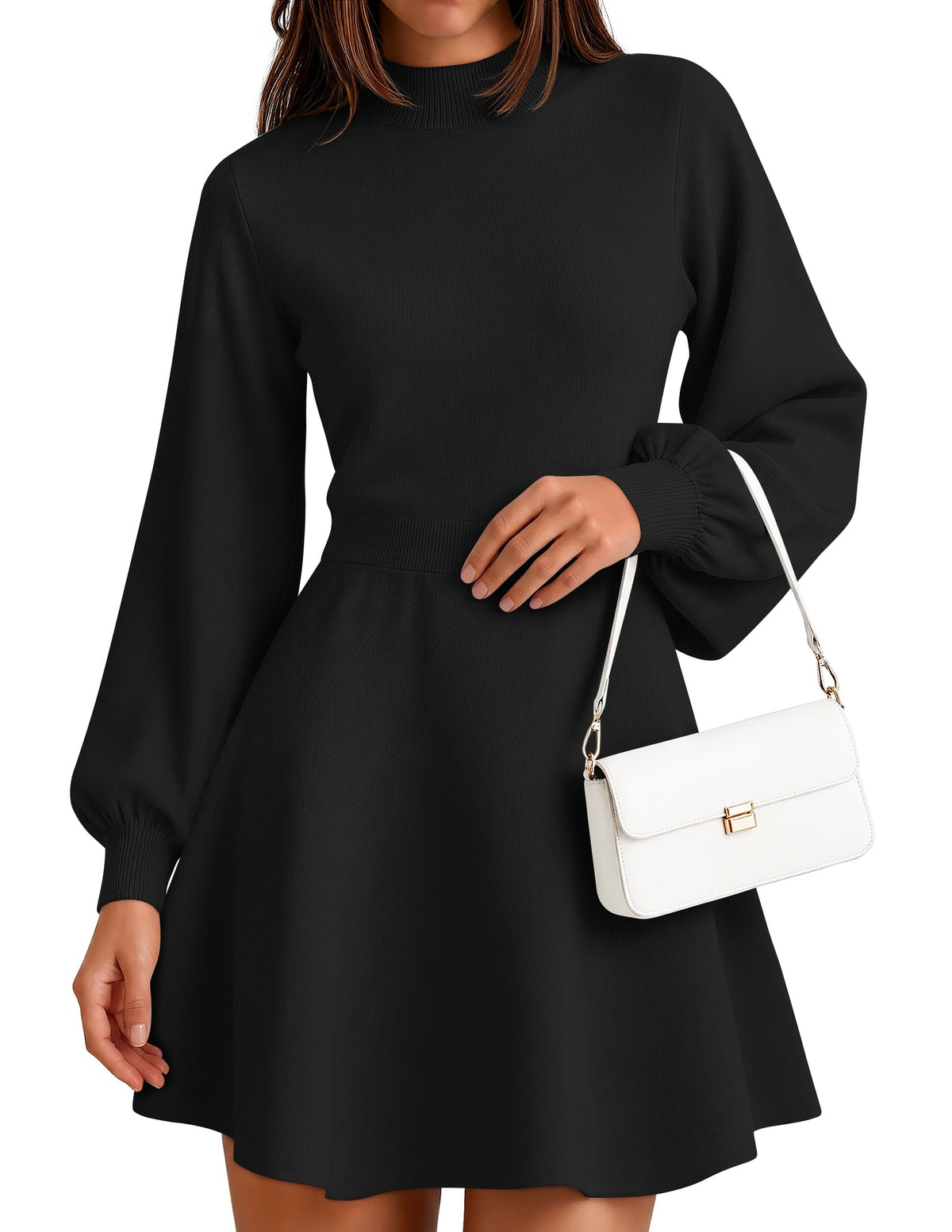 ZESICA Womens Fall Mock Neck Long Lantern Sleeve Sweater Mini Dress