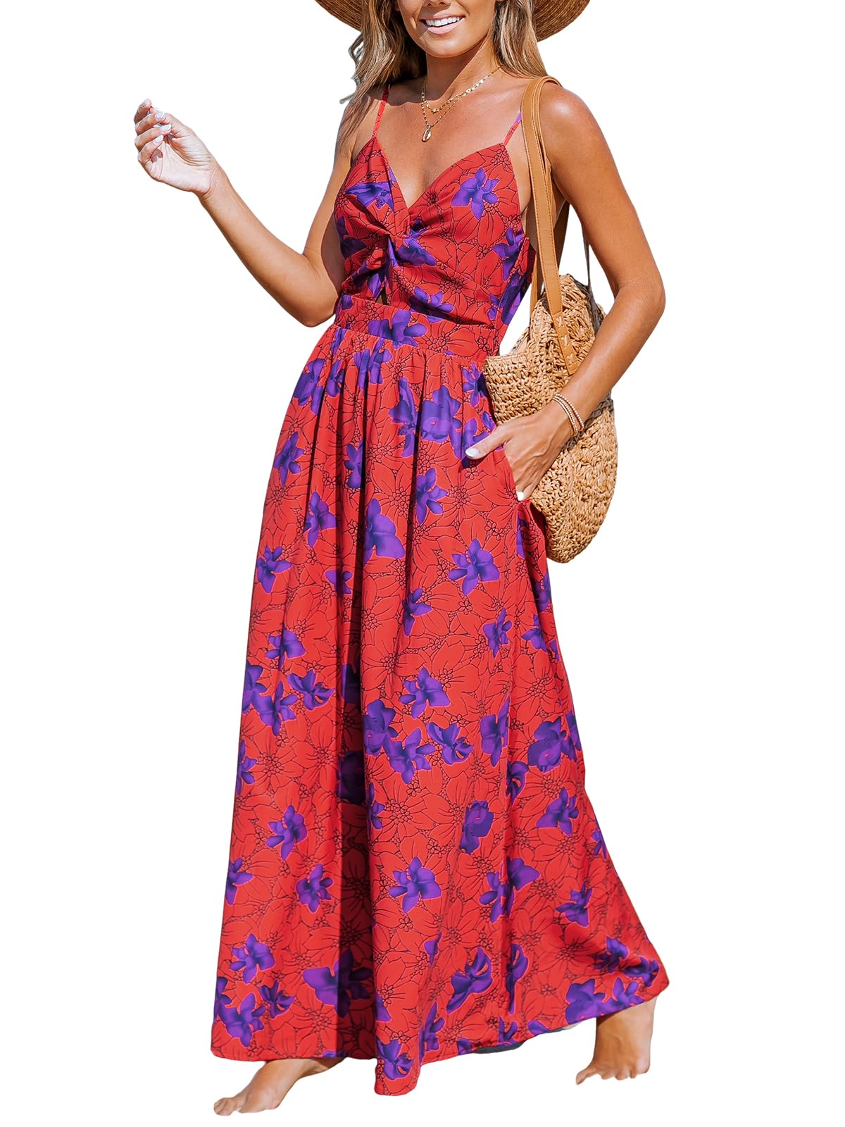 CUPSHE Women's Maxi Dress Floral Print Twisted V Neck Sleeveless Long Dress Summer Casual Dress