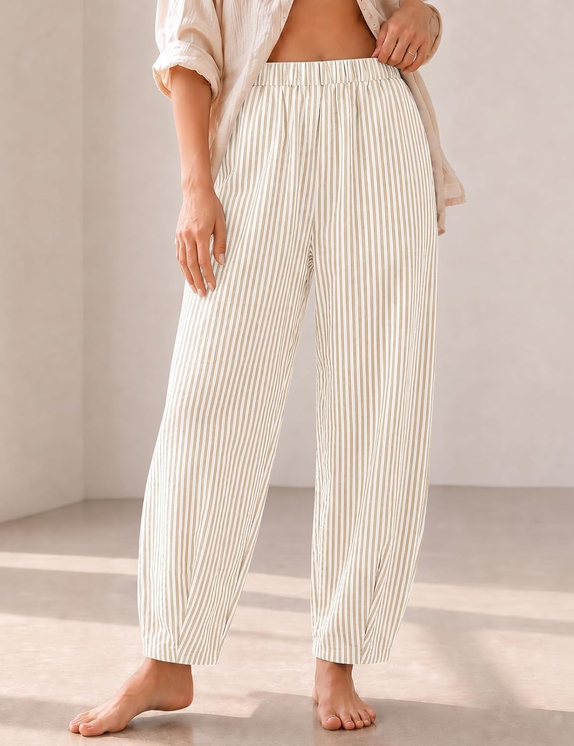LOMON Womens Barrel Harem Travel Pants Baggy Casual Gingham Striped Bottoms