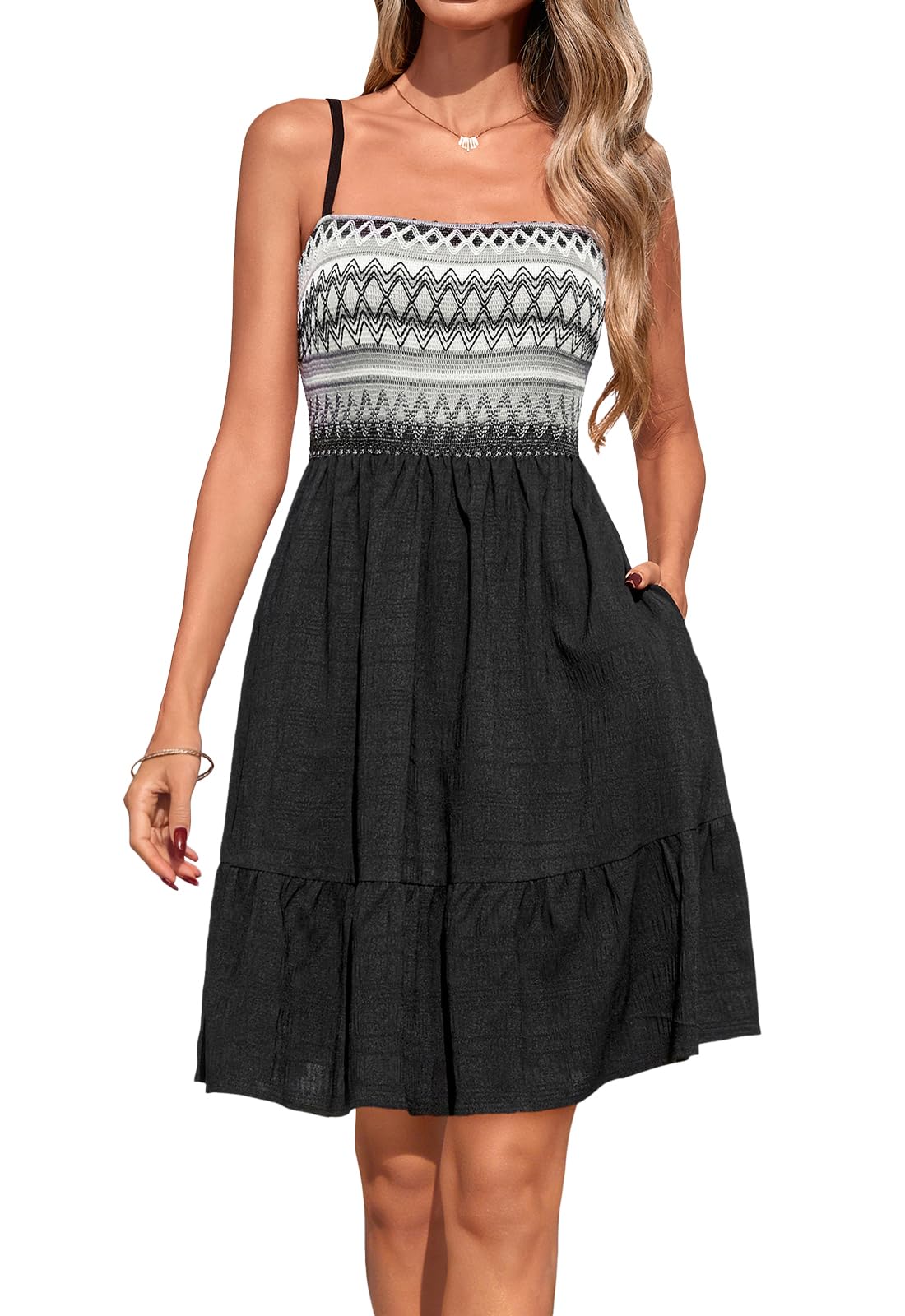 PRETTYGARDEN Womens Summer Dresses 2026 Paisley Spaghetti Strap Sleeveless Smocked A Line Boho Mini Dress with Pockets