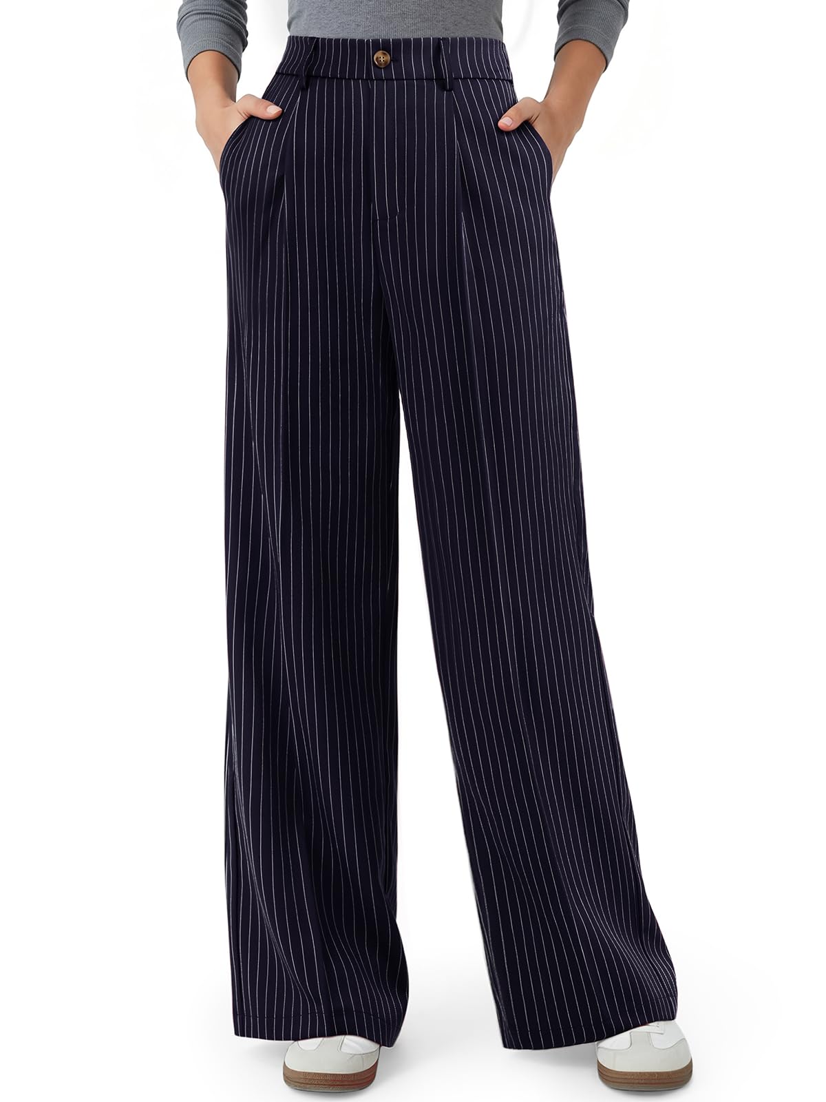 NIMIN Women High Waisted Dress Pants Striped Work Trousers with Pockets