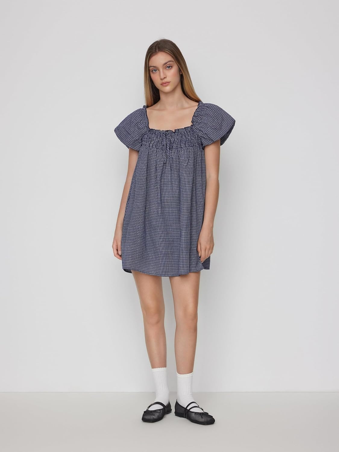 CIDER Womens Cotton Blend Gingham Shirred High Rise Mini Dress