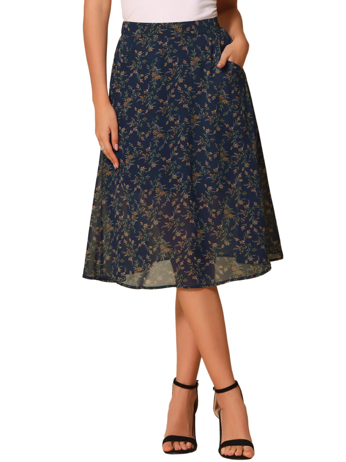 Allegra K Women's Floral Skirt A-Line Midi Skirt Chiffon High Waist Skirts