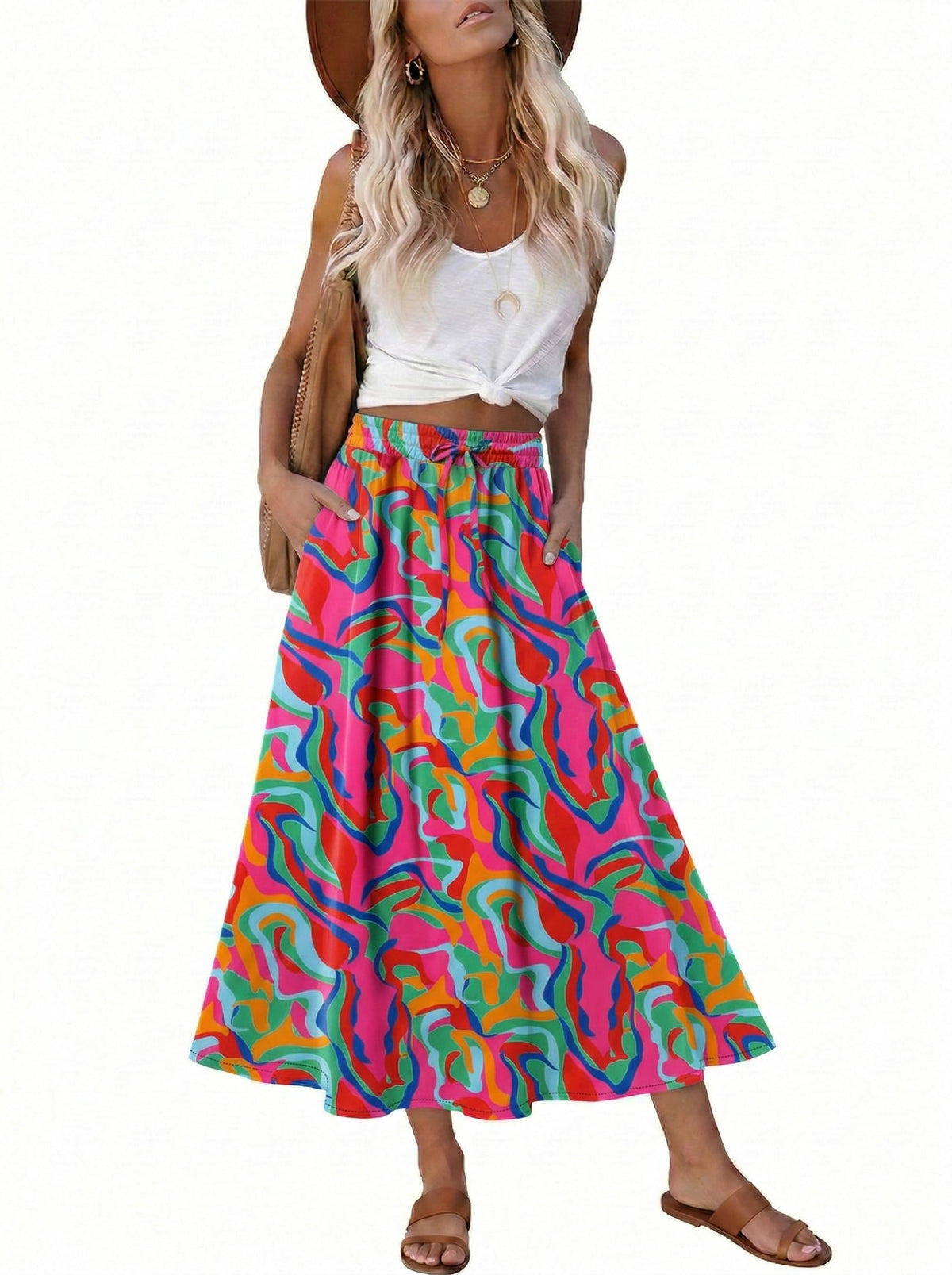 Magritta Women's Print Midi Skirt with Pocket Elastic High Waist 2026 Trendy A-Line Bohe Leopardr Swing Skirts for Women