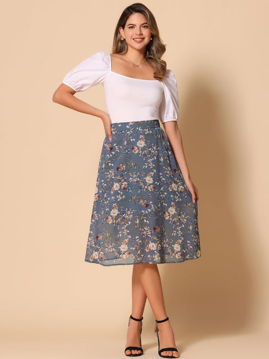 Allegra K Women's Floral Skirt A-Line Midi Skirt Chiffon High Waist Skirts