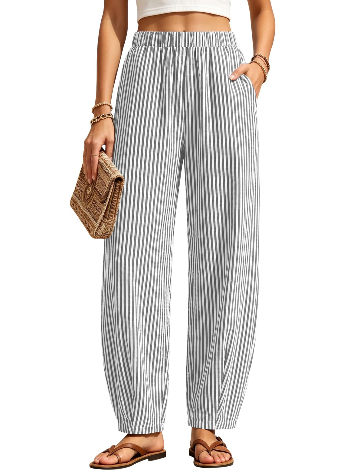 LOMON Womens Barrel Harem Travel Pants Baggy Casual Gingham Striped Bottoms