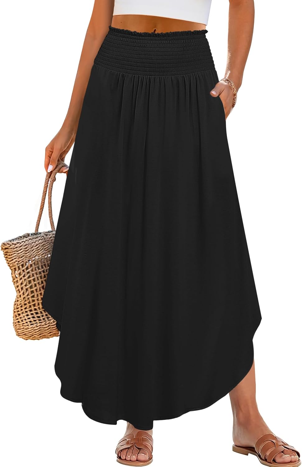 ANRABESS Women's Maxi Skirts Summer Boho Floral High Waisted Flowy Swing Pleated Beach Long Skirt with Pockets