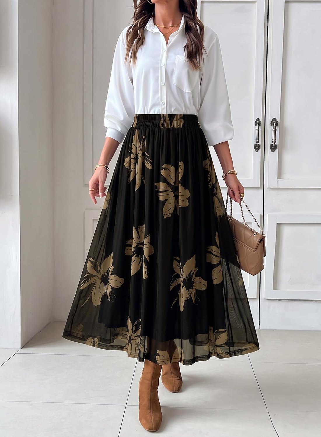 Dokotoo Fall Skirts for Women Elastic High Waist A-line Flowy Long Skirt