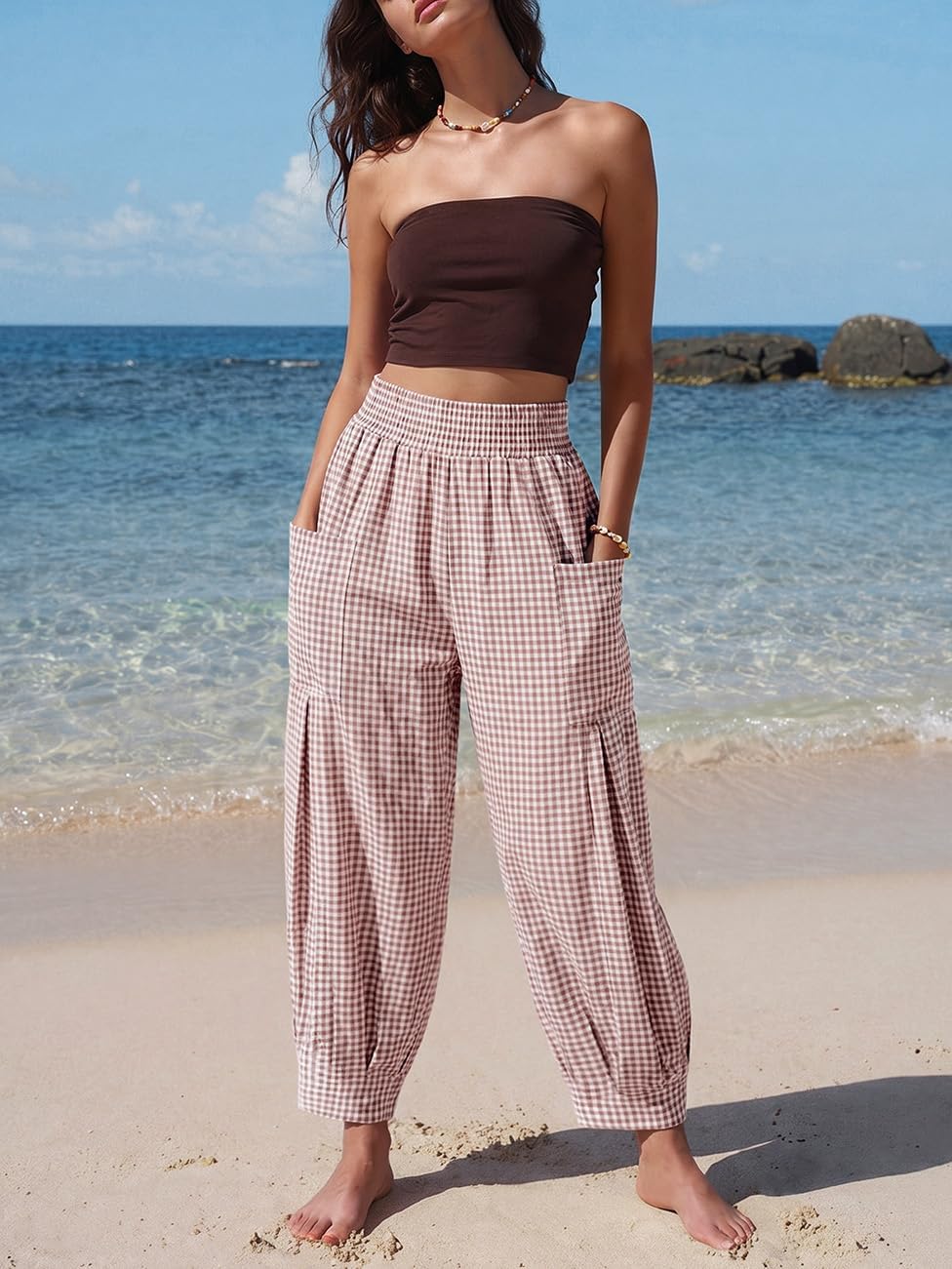 TARSE Women's Linen Gingham Pants Baggy High Waist Palazzo Pants