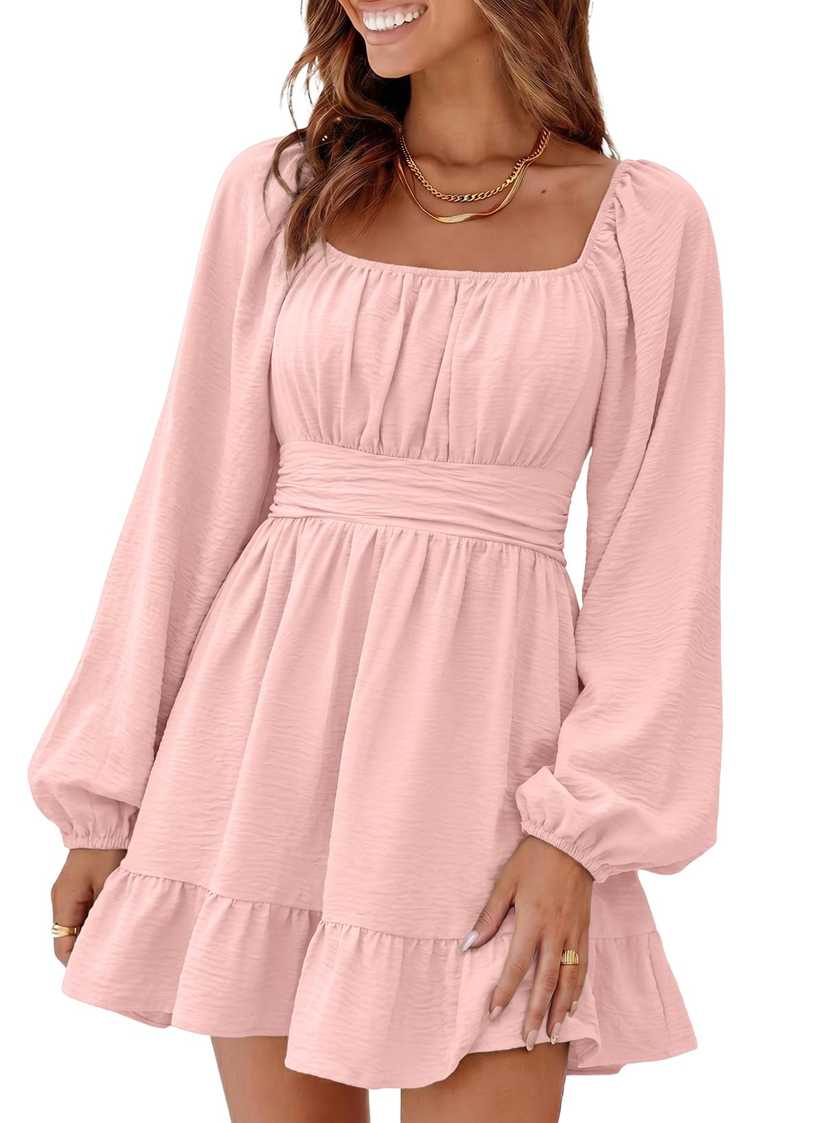 Dokotoo Womens Dress Lantern Sleeve Elastic Waist Tie Backless Mini Dress