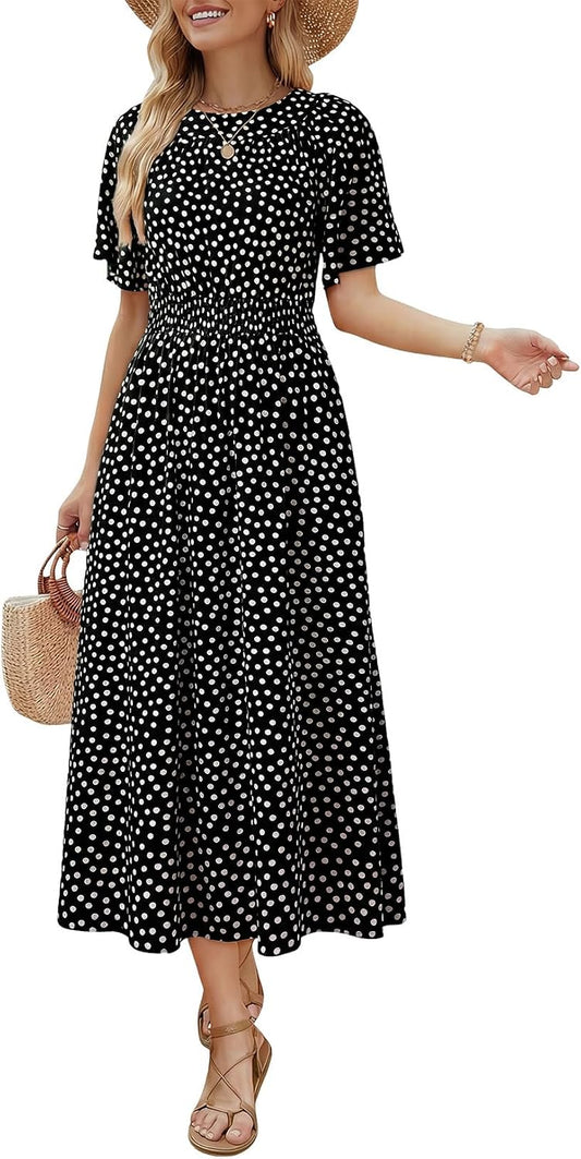 Dokotoo Summer Dresses for Women 2026 Vintage Elegant Midi Maxi Dresses Casual Short Sleeve A Line Flowy Dress