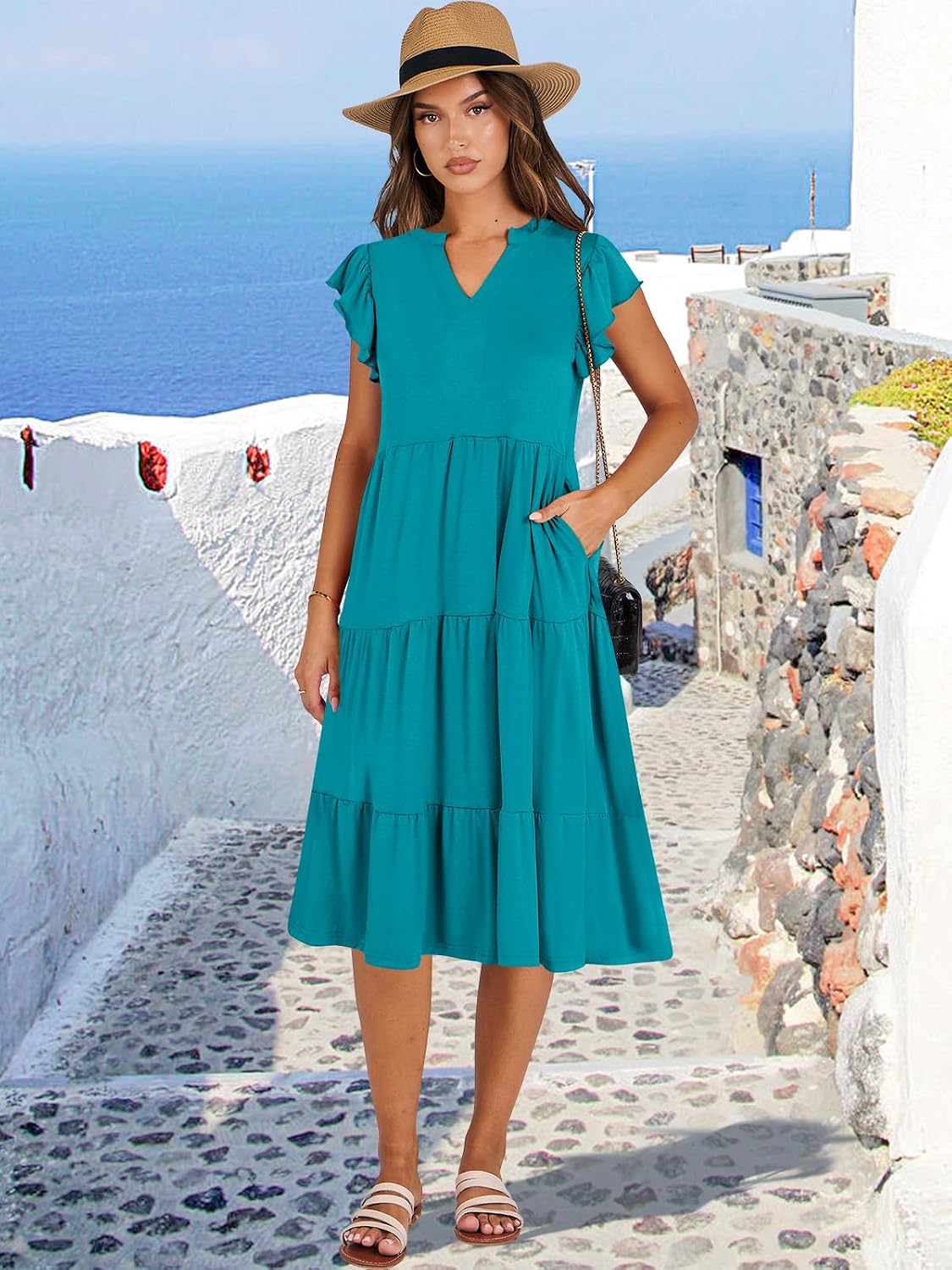 ANRABESS Womens Summer Dress Ruffle Sleeve V Neck Midi Dresses