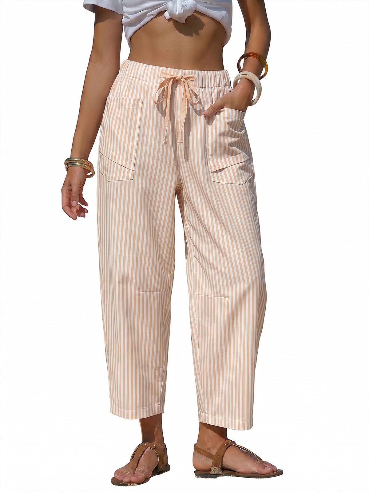 EXLURA Womens Faux Linen Striped Barrel Capri Pants Drawstring Trousers