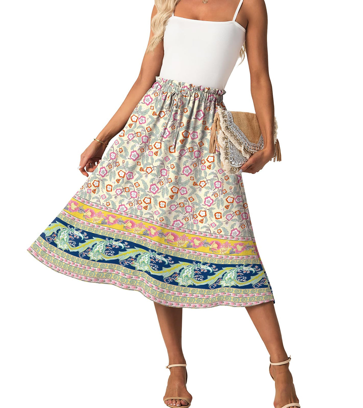 FREEOAK High Waist Skirts for Women Below Knee Casual Flowy Summer Midi Skirts Palazzo A-Line Long Skirt with Pockets