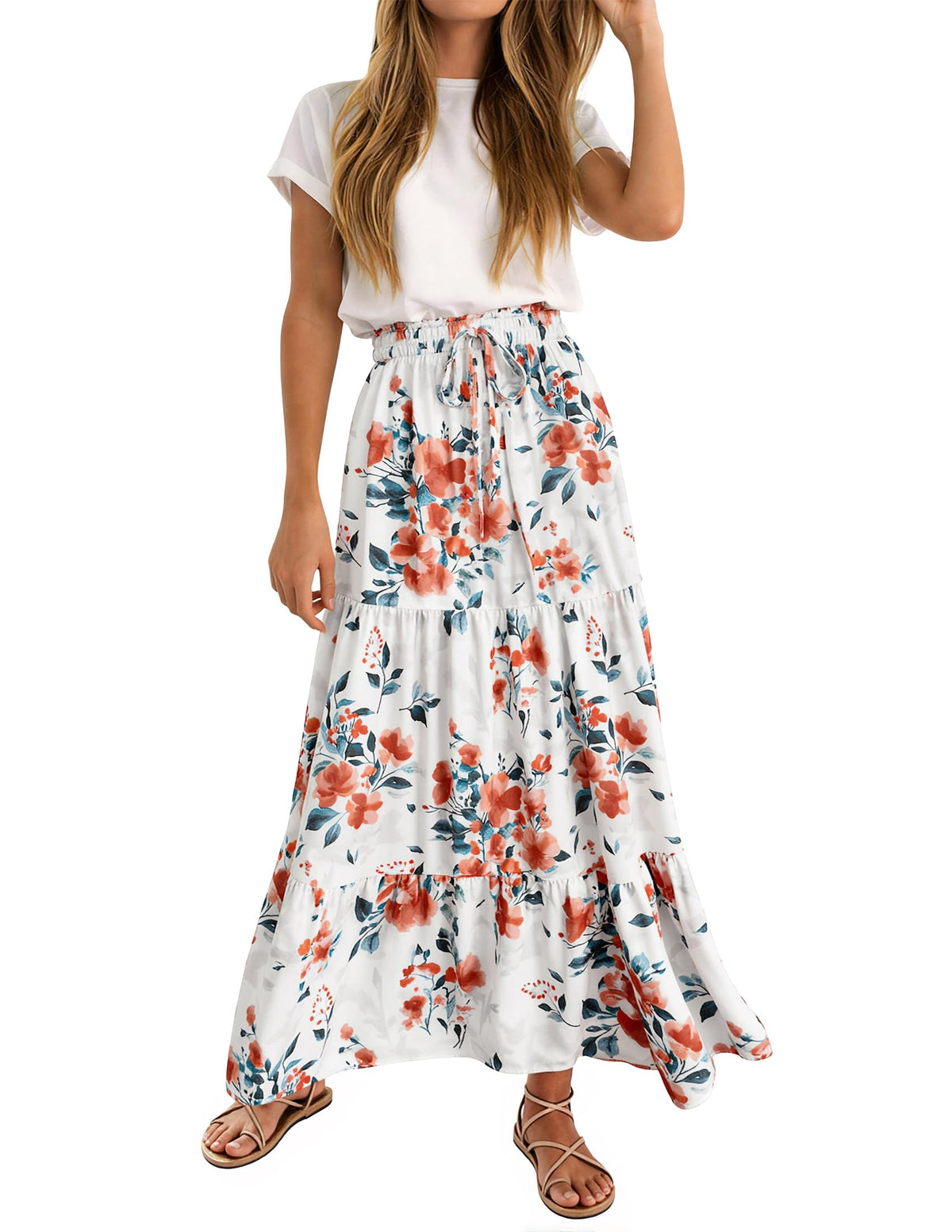 ZESICA Women's Bohemian Floral Printed Elastic Waist A Line Maxi Skirt