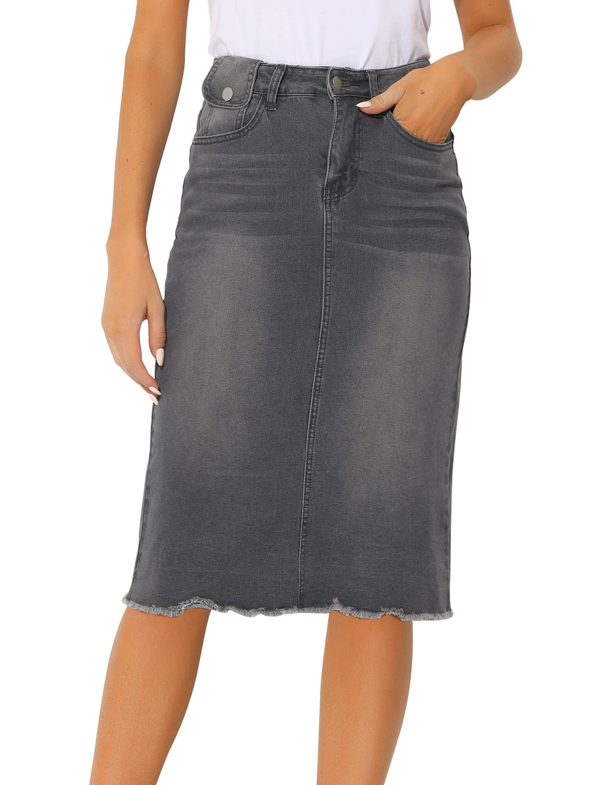 Allegra K Women's Casual Jean Skirt Raw Hem Stretch High Waist Denim Skirts