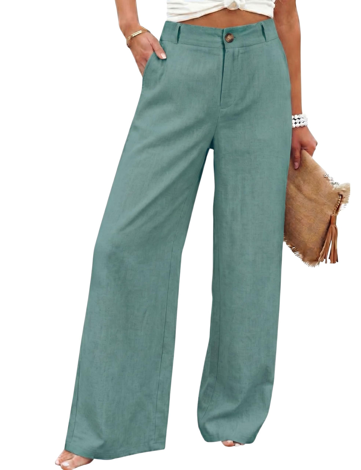 Hooever Womens Cotton Linen Pants Casual Button Up High Waisted Wide Leg Trousers