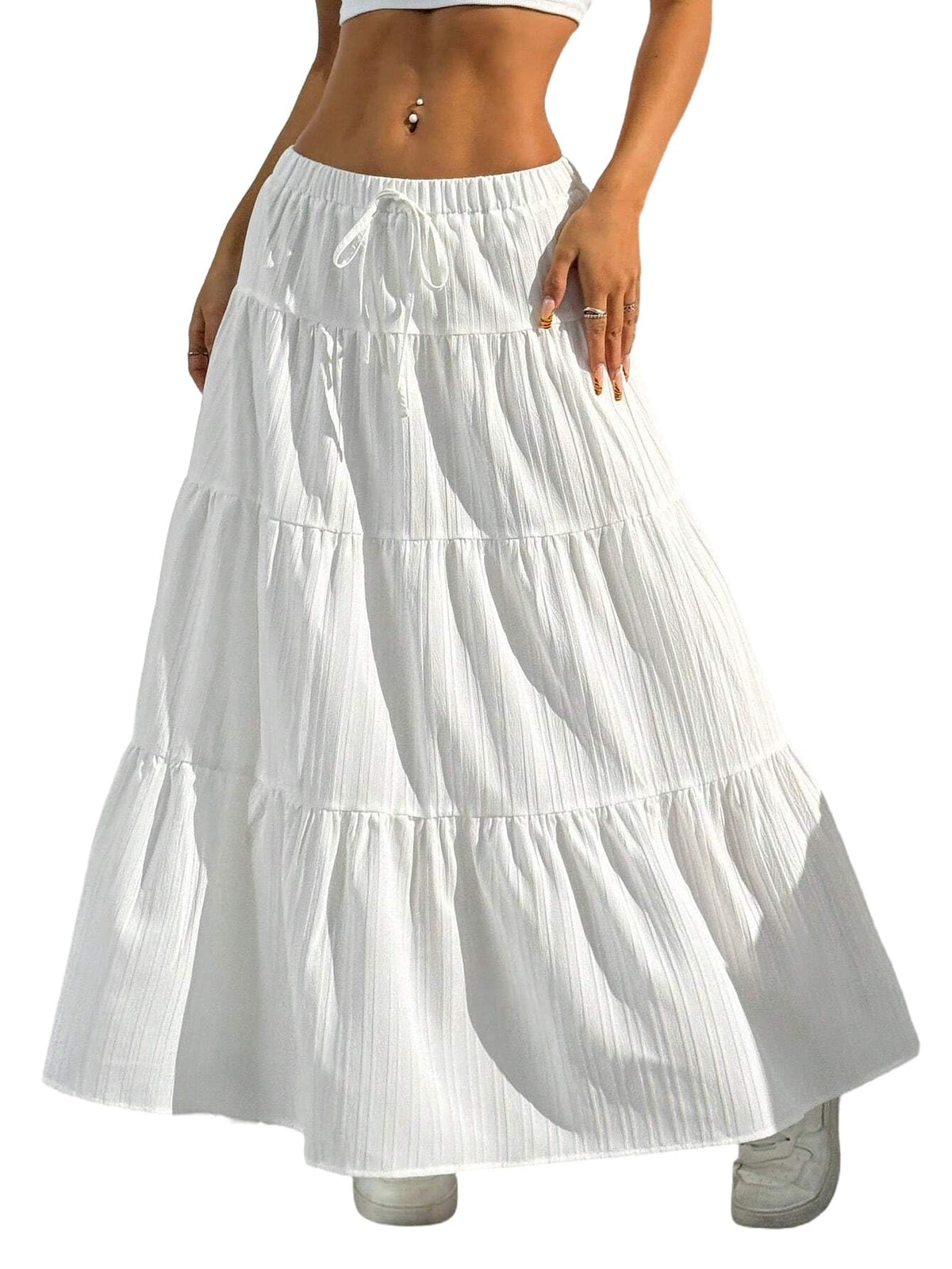 Maxi Skirt for Women Long Boho Flowy Ruffle Elastic High Waist
